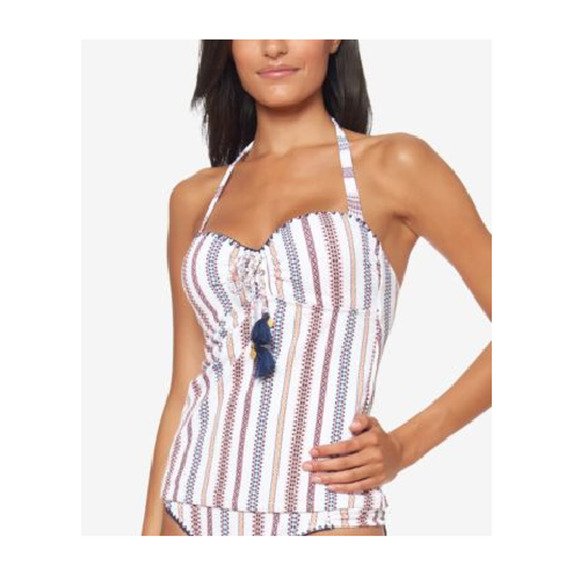 Jessica Simpson White Striped Texture Underwire Halter Tankini Top Blue Orange S - Picture 1 of 6